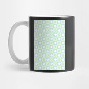 Danish Pastel Aesthetic Checkerboard Flower Design Phone Case in Sage Green and Baby Blue Periwinkle Mug